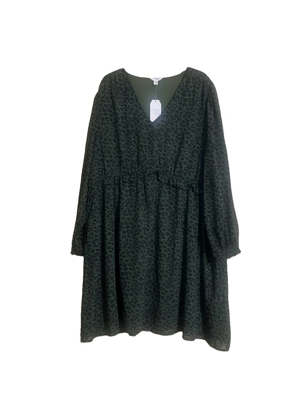 Time and Tru Dress Sz 1X (16W-18W) Olive Green Leopard Print V-Neck Ruffles